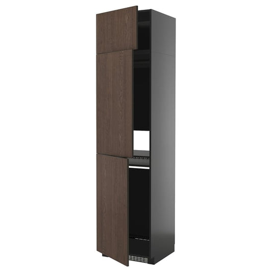 METOD - METOD High cab f fridge/freezer w 3 doors, black-grey/Sinarp brown, 60x60x240 cm