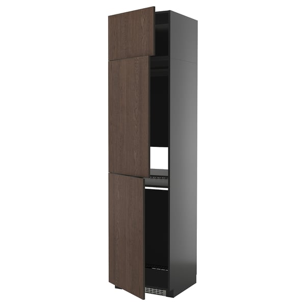 METOD high cab f fridge/freezer w 3 doors, black-grey/Sinarp brown, 60x60x240 cm