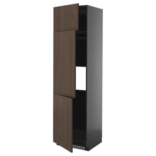 METOD high cab f fridge/freezer w 3 doors, black-grey/Sinarp brown, 60x60x220 cm