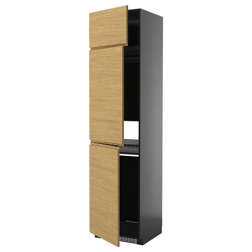 METOD - METOD High cab f fridge/freezer w 3 doors, black-grey/Voxtorp oak effect, 60x60x240 cm
