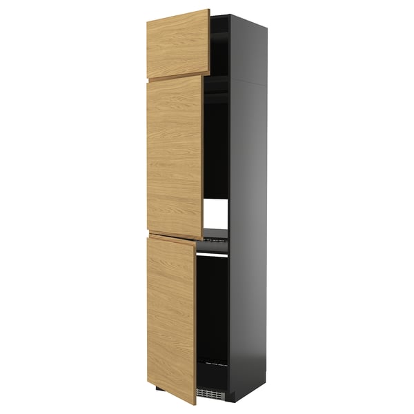 METOD - METOD High cab f fridge/freezer w 3 doors, black-grey/Voxtorp oak effect, 60x60x240 cm