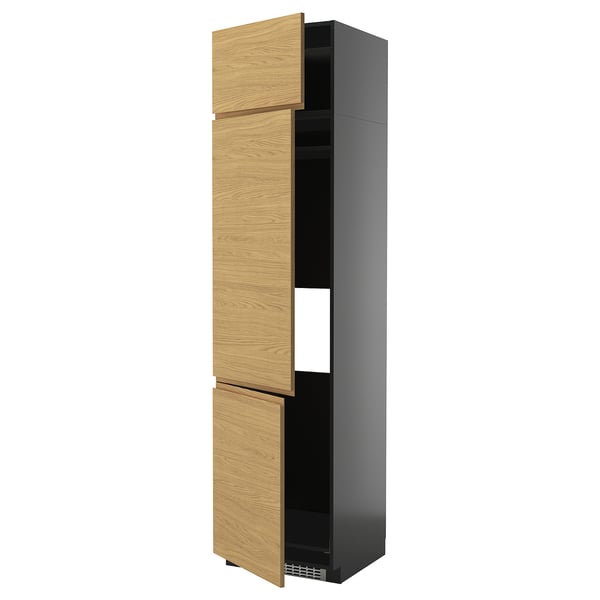 METOD high cab f fridge/freezer w 3 doors, black-grey/Voxtorp oak effect, 60x60x240 cm