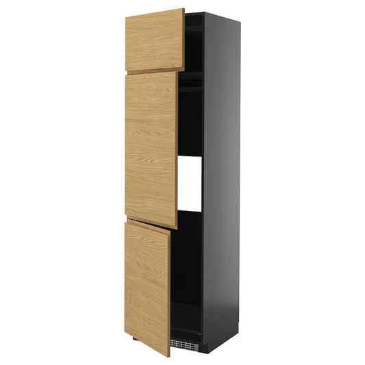 METOD - METOD High cab f fridge/freezer w 3 doors, black-grey/Voxtorp oak effect, 60x60x220 cm