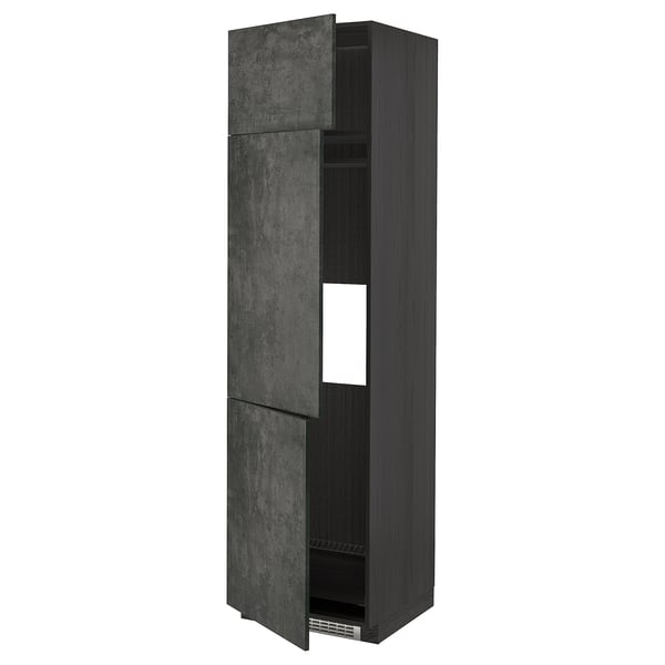 METOD high cab f fridge/freezer w 3 doors, black/Kalhyttan dark grey concrete effect, 60x60x220 cm