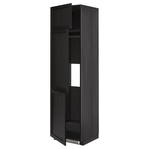 METOD high cab f fridge/freezer w 3 doors, black/Lerhyttan black stained, 60x60x220 cm