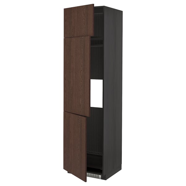 METOD - METOD High cab f fridge/freezer w 3 doors, black/Sinarp brown, 60x60x220 cm