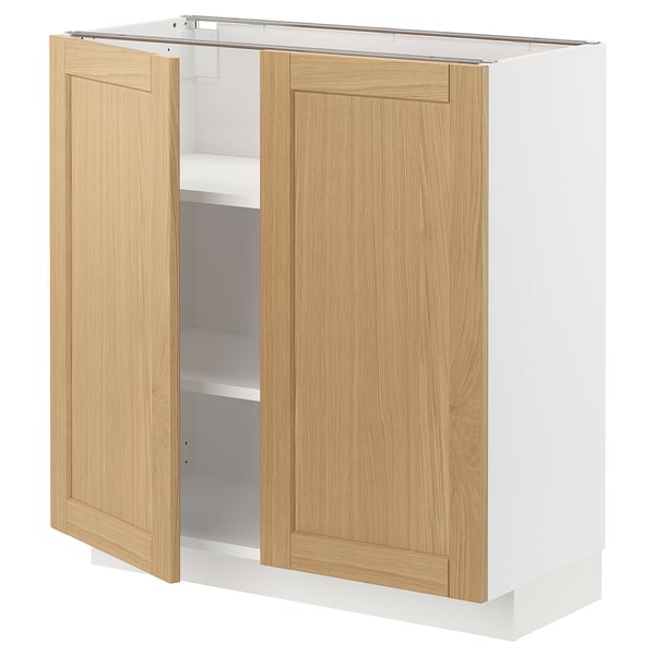 METOD base cabinet with shelves/2 doors, white/Forsbacka oak, 80x37 cm