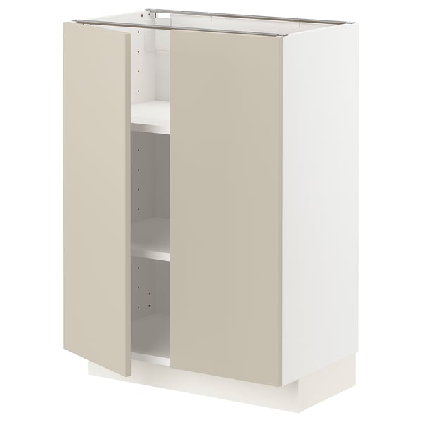 METOD base cabinet with shelves/2 doors, white/Havstorp beige, 60x37 cm