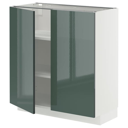 METOD base cabinet with shelves/2 doors, white/Kallarp high-gloss dark grey-green, 80x37 cm