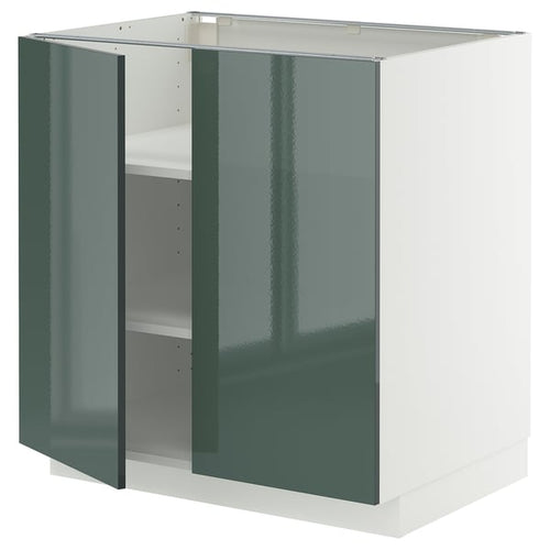 METOD base cabinet with shelves/2 doors, white/Kallarp high-gloss dark grey-green, 80x60 cm