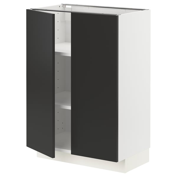 METOD base cabinet with shelves/2 doors, white/Nickebo matt anthracite, 60x37 cm