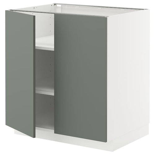 METOD base cabinet with shelves/2 doors, white/Nickebo matt grey-green, 80x60 cm