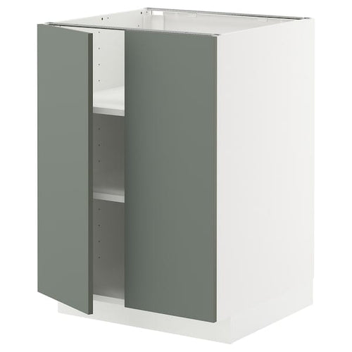 METOD base cabinet with shelves/2 doors, white/Nickebo matt grey-green, 60x60 cm