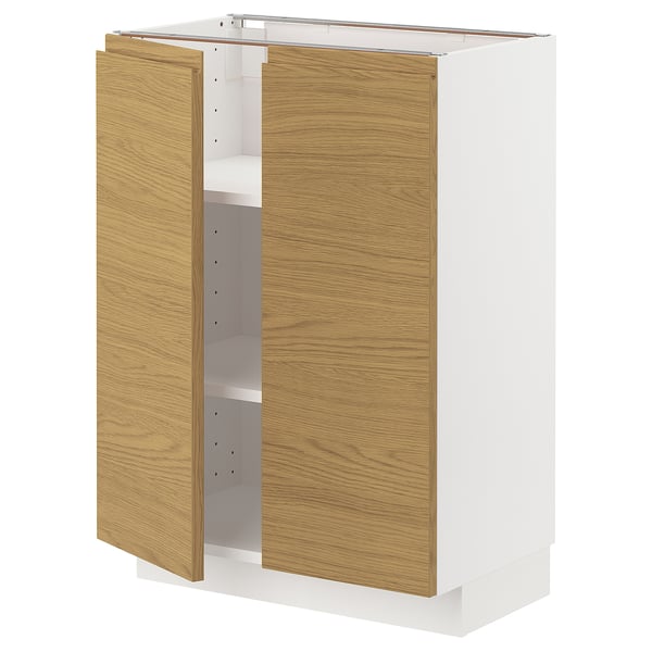 METOD base cabinet with shelves/2 doors, white/Voxtorp oak effect, 60x37 cm