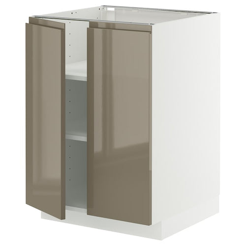 METOD base cabinet with shelves/2 doors, white/Voxtorp high-gloss dark grey-brown, 60x60 cm