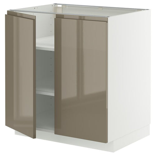 METOD base cabinet with shelves/2 doors, white/Voxtorp high-gloss dark grey-brown, 80x60 cm