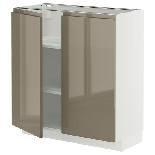 METOD - METOD Base cabinet with shelves/2 doors, white/Voxtorp high-gloss dark grey-brown, 80x37 cm