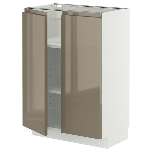 METOD - Base cabinet with shelves/2 doors, white/Voxtorp high-gloss dark grey-brown, 60x37 cm