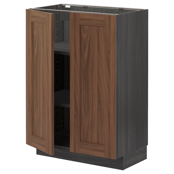 METOD base cabinet with shelves/2 doors, black Enköping/brown walnut effect, 60x37 cm