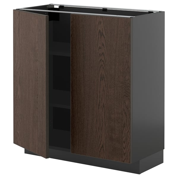 METOD base cabinet with shelves/2 doors, black-grey/Sinarp brown, 80x37 cm