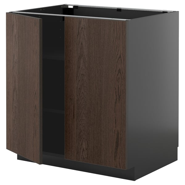METOD base cabinet with shelves/2 doors, black-grey/Sinarp brown, 80x60 cm