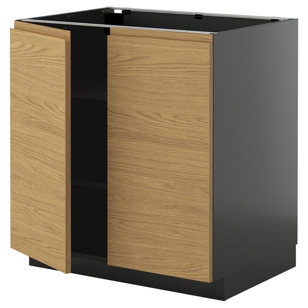 METOD base cabinet with shelves/2 doors, black-grey/Voxtorp oak effect, 80x60 cm