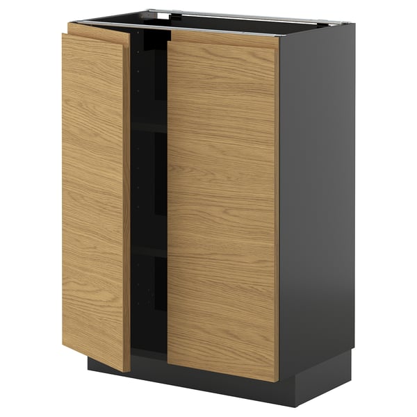 METOD - METOD Base cabinet with shelves/2 doors, black-grey/Voxtorp oak effect, 60x37 cm