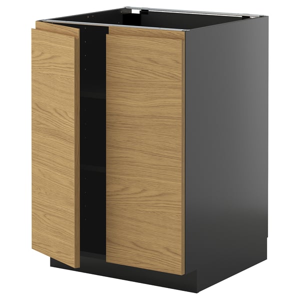METOD - METOD Base cabinet with shelves/2 doors, black-grey/Voxtorp oak effect, 60x60 cm