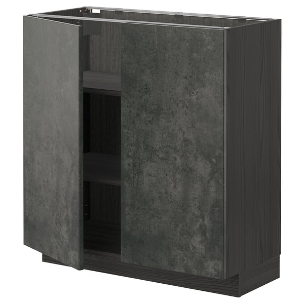 METOD base cabinet with shelves/2 doors, black/Kalhyttan dark grey concrete effect