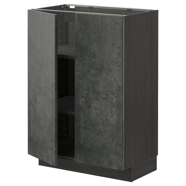METOD base cabinet with shelves/2 doors, black/Kalhyttan dark grey concrete effect, 60x37 cm