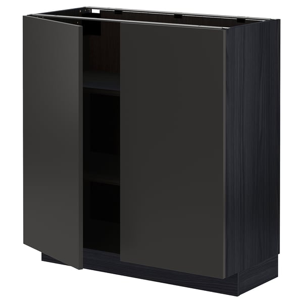 METOD base cabinet with shelves/2 doors, black/Nickebo matt anthracite