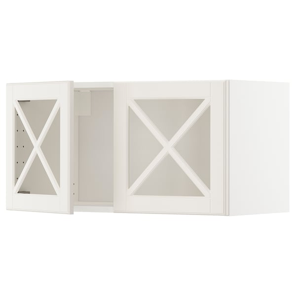 METOD wall cabinet w 2 glass dr/crossbar., white/Bodbyn off-white, 80x40 cm