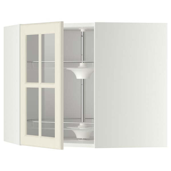 METOD corner wall cab w carousel/glass dr, white/Bodbyn off-white, 68x60 cm