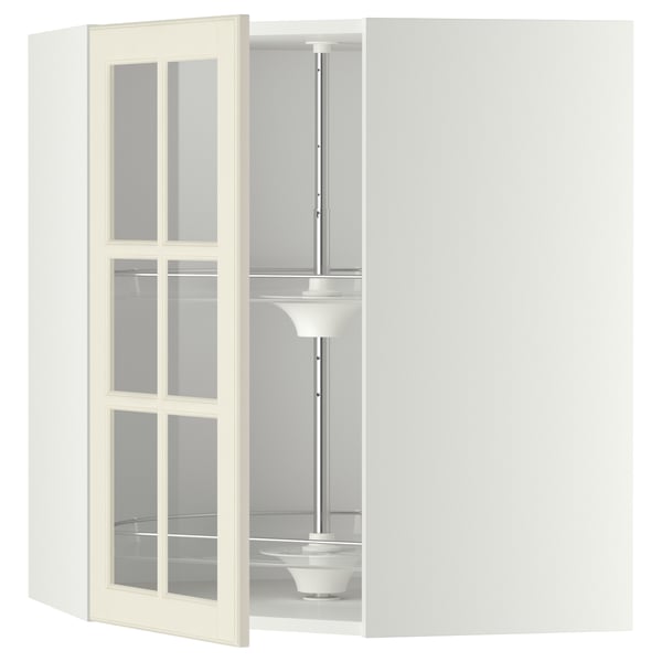 METOD corner wall cab w carousel/glass dr, white/Bodbyn off-white, 68x80 cm