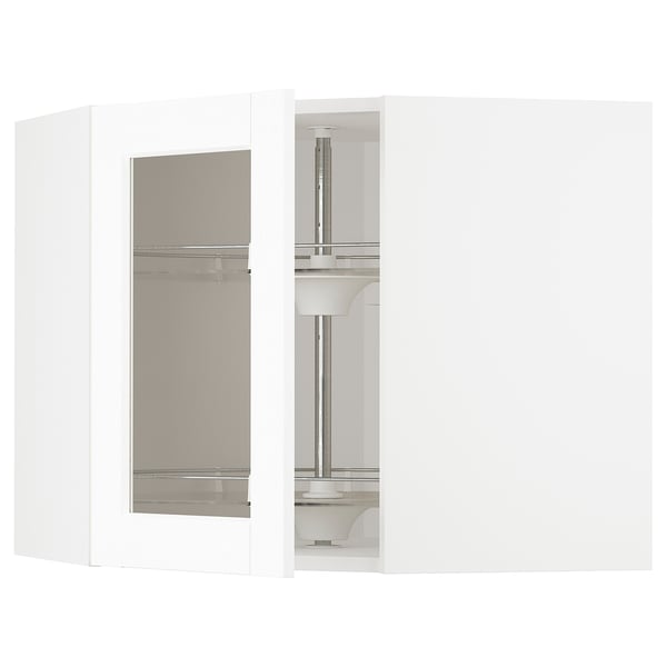 METOD - METOD Corner wall cab w carousel/glass dr, white Enköping/white wood effect, 68x60 cm