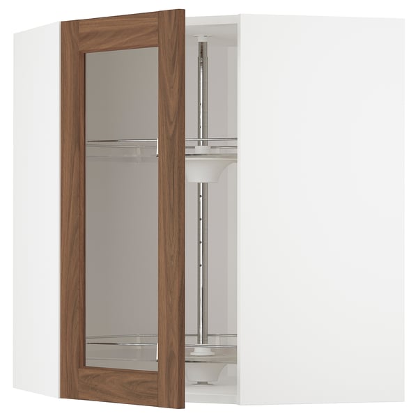 METOD - METOD Corner wall cab w carousel/glass dr, white Enköping/brown walnut effect, 68x80 cm