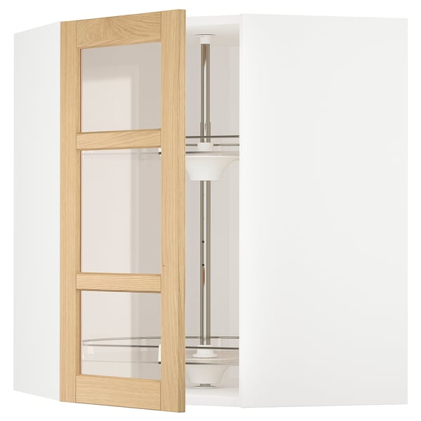 METOD - METOD Corner wall cab w carousel/glass dr, white/Forsbacka oak, 68x80 cm