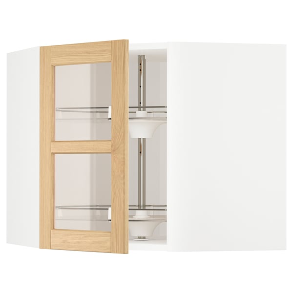 METOD corner wall cab w carousel/glass dr, white/Forsbacka oak, 68x60 cm