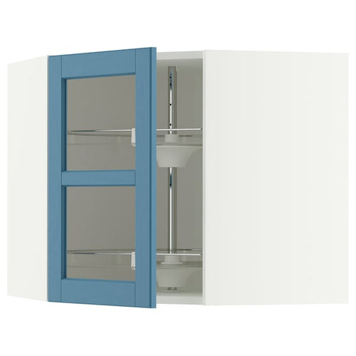 METOD corner wall cab w carousel/glass dr, white/Lerhyttan blue, 68x60 cm