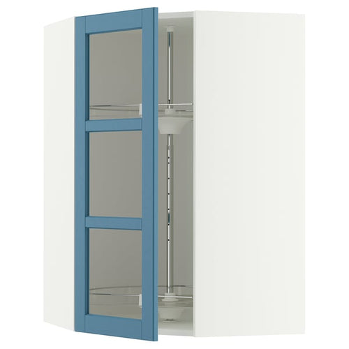 METOD corner wall cab w carousel/glass dr, white/Lerhyttan blue, 68x100 cm