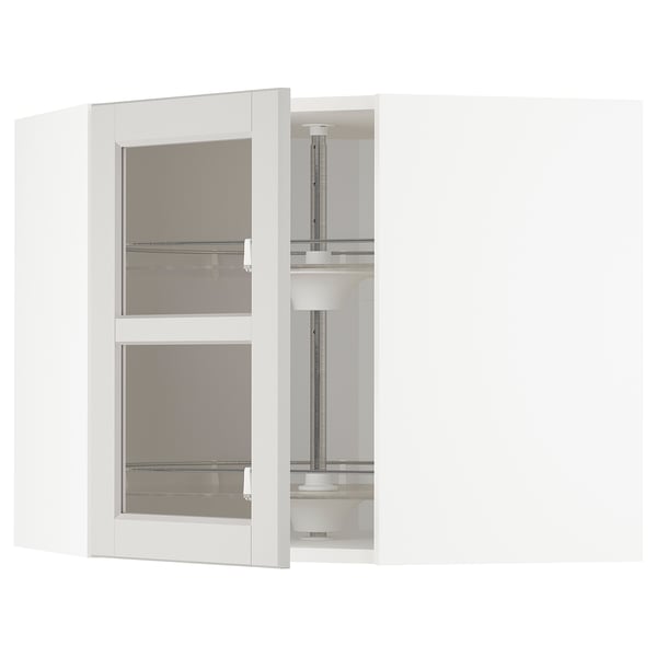 METOD corner wall cab w carousel/glass dr, white/Lerhyttan light grey, 68x60 cm