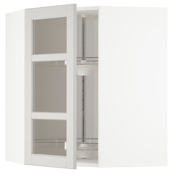 METOD - METOD Corner wall cab w carousel/glass dr, white/Lerhyttan light grey, 68x80 cm