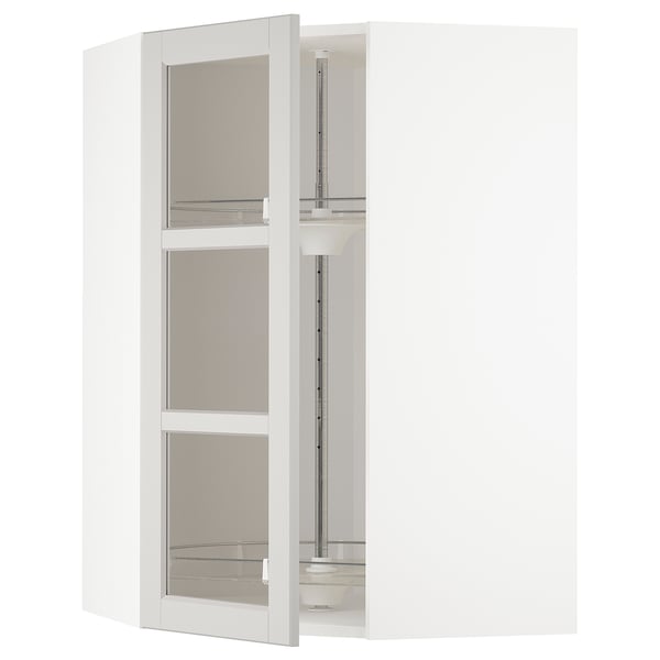 METOD - METOD Corner wall cab w carousel/glass dr, white/Lerhyttan light grey, 68x100 cm
