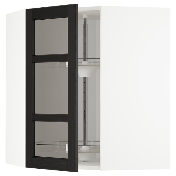 METOD - METOD Corner wall cab w carousel/glass dr, white/Lerhyttan black stained, 68x80 cm