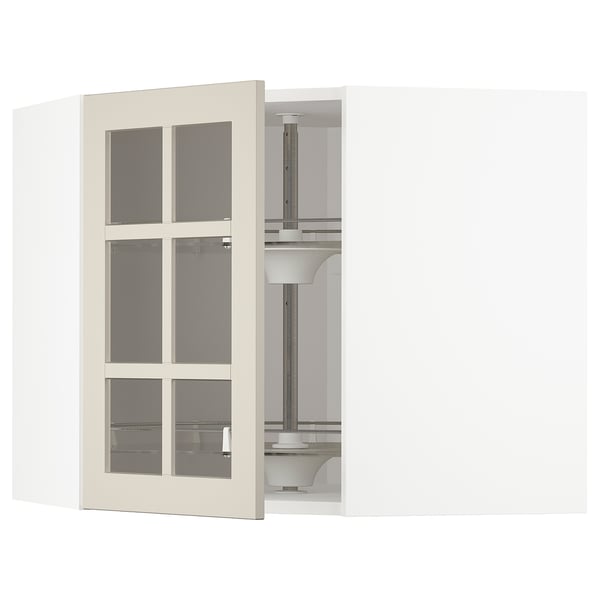 METOD - Corner wall cab w carousel/glass dr, white/Stensund beige , 68x60 cm