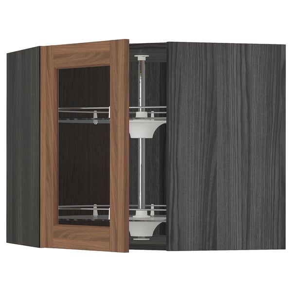 METOD corner wall cab w carousel/glass dr, black Enköping/brown walnut effect
