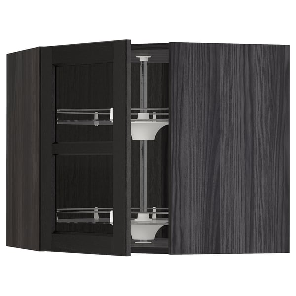 METOD corner wall cab w carousel/glass dr, black/Lerhyttan black stained