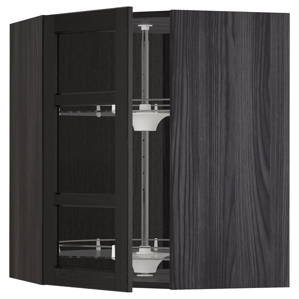 METOD corner wall cab w carousel/glass dr, black/Lerhyttan black stained, 68x80 cm