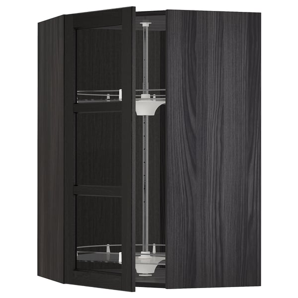 METOD corner wall cab w carousel/glass dr, black/Lerhyttan black stained, 68x100 cm
