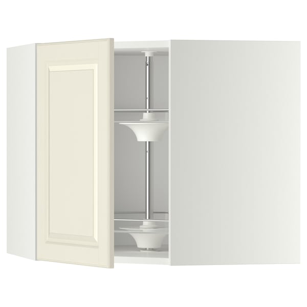 METOD corner wall cabinet with carousel, white/Bodbyn off-white, 68x60 cm
